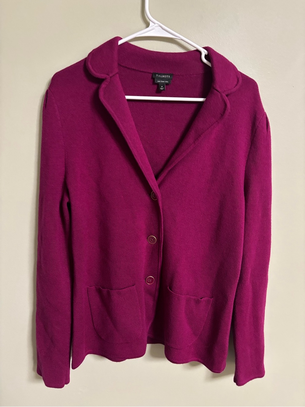 Talbots Pure Merino Wool Knit Blazer Sweater Jacket Cardigan Berry Pink Medium